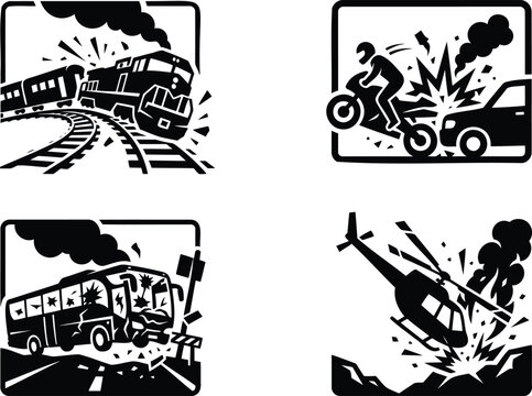 Set of transport accident icons with train car and plane