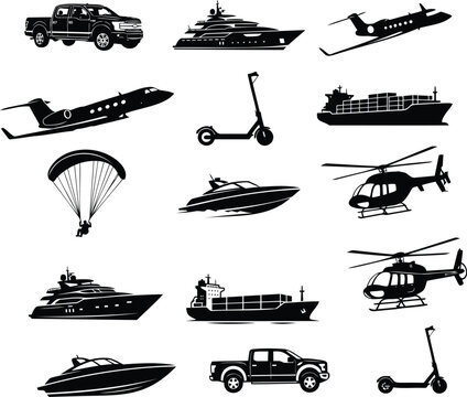 Set of black transportation vehicle icons and silhouettes