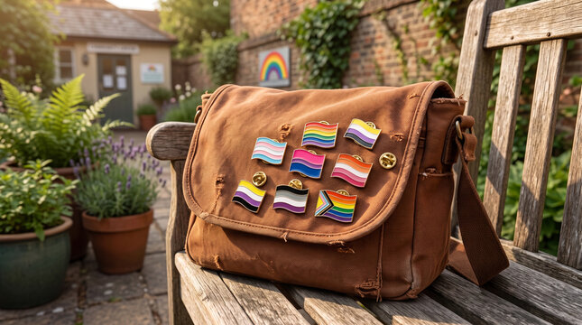 Pride flag enamel pins on a brown bag. LGBTQ+ accessories displayed on a rustic garden bench.