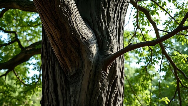 A thick new branch growing at a sharp angle from an old tree.