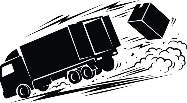 Fast delivery truck driving with a cardboard box