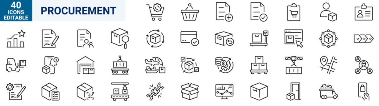 Procurement Line Icons Set. purchasing, supplier management, sourcing, procurement workflow, purchase orders, inventory, contracts