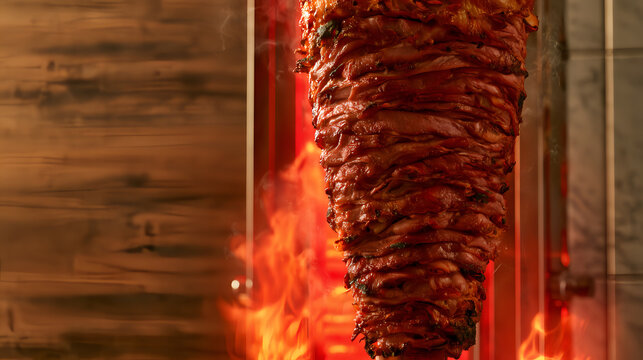 Premium Shawarma Rotisserie with Fire Flames and Wooden Copy Space &ndash; Vertical Commercial Food Photography