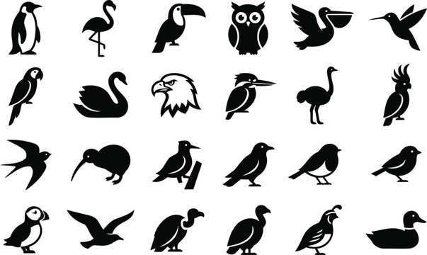 Set of black bird icons and wild animal silhouettes
