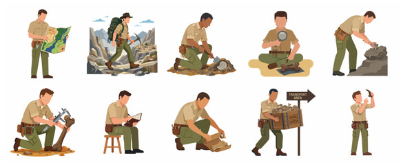 Professional archaeologist character set performing excavation and research activities on prehistoric fossils © Dedi