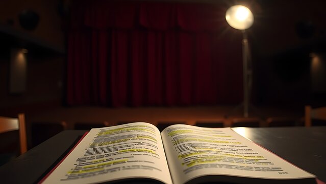 A theater script with highlighted marks under a work lamp backstage.