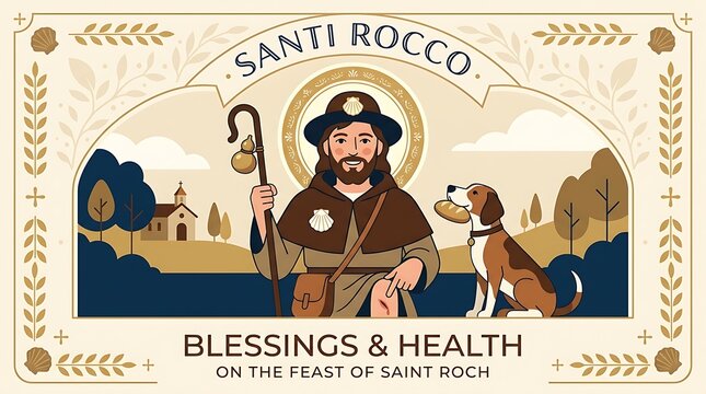 Saint Roch halo portrait with a dog companion, minimal greeting text, clean flat vector banner
