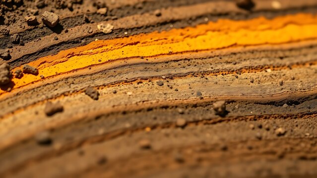 Extreme close-up of stratified soil with a bright yellow-orange layer.