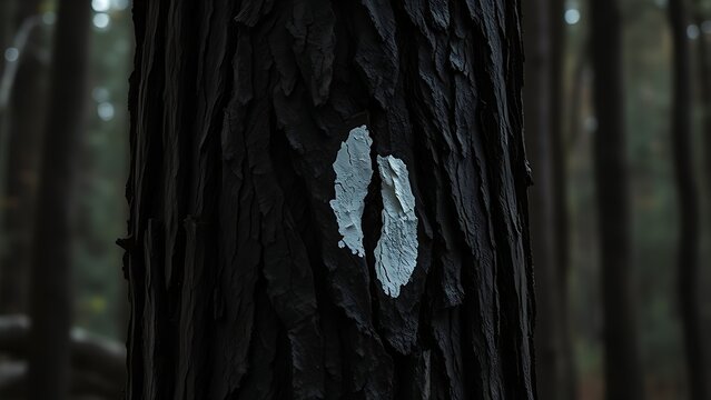 The dense trunk of an ironwood tree with a white mark from an axe.