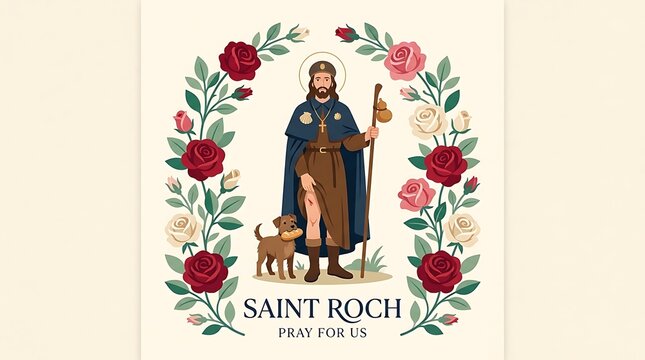 Elegant flat vector artwork, basic welcome wording, and an image of Saint Roch surrounded by roses and foliage