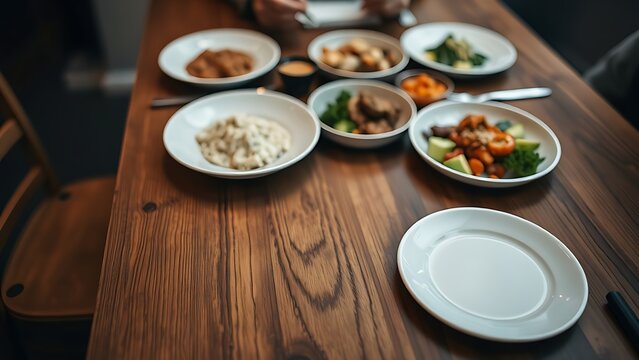 A single white plate set apart from shared dishes on a wooden table.