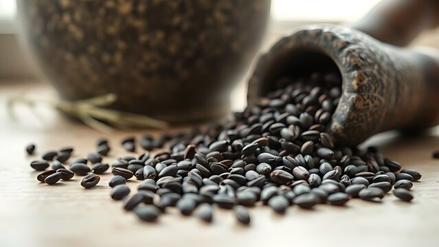 Dark brown plantago seeds beside antique stone mortar.