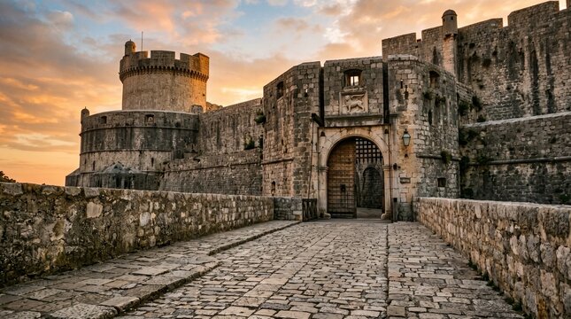 Ancient Stone Castle Gateway at Sunset.