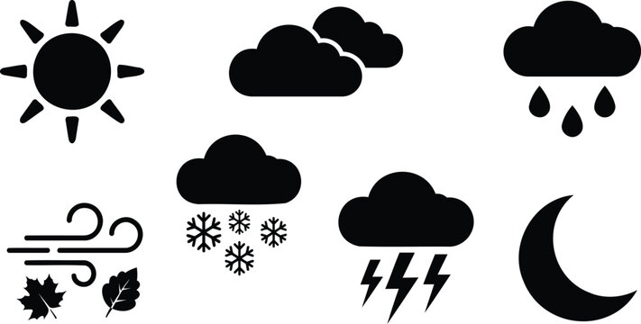 Set of black weather icons showing sun rain snow and wind