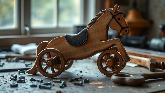 A wooden toy horse with backwards wheels lying on a cluttered workbench.