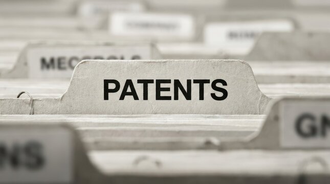 Close up of file folder tab labeled patents in a document archive system.