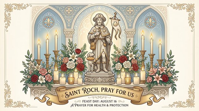 Saint Roch statue inspired illustration with candles and flowers, minimal greeting text, elegant vector banner
