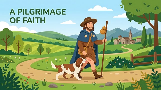 Saint Roch walking through a countryside landscape with a dog, minimal greeting text, flat vector illustration