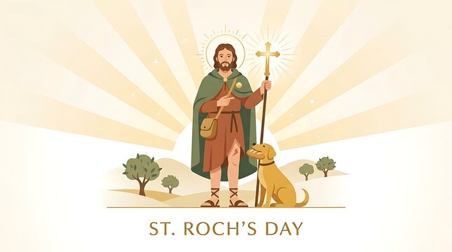 Saint Roch with a golden cross and gentle light beams, simple St. Roch's Day wording, and a high-quality flat vector design