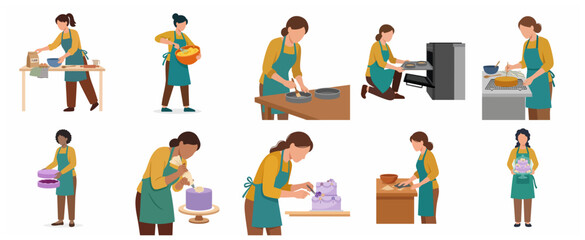Fototapeta premium Vector illustration set of women bakers in different stages of making and decorating cakes.