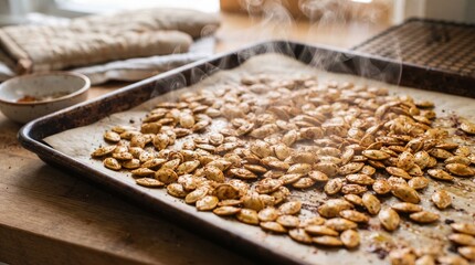Obraz premium Roasted Pumpkin Seeds on Baking Sheet Steaming