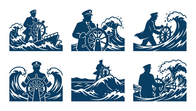Set of six vintage ship captain and steering wheel illustrations.