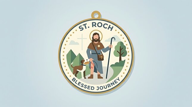 Modern flat vector design, basic greeting text, and a halo and dog-shaped St. Roch medal icon