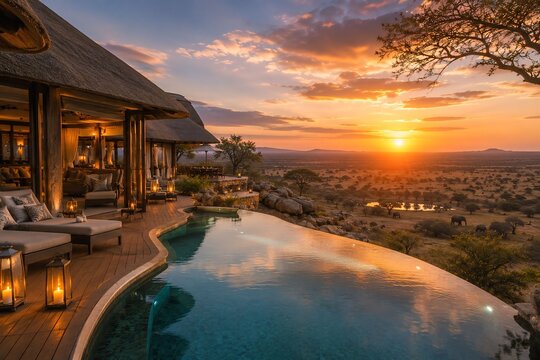 Luxury Safari Lodge Infinity Pool Overlooking African Savannah at Sunset