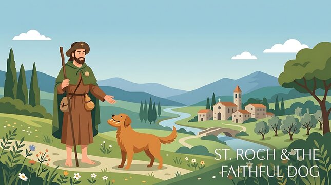 St. Roch standing with a dog and a peaceful landscape, minimal text, serene flat vector banner
