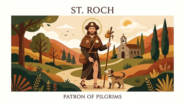 Warm earthy hues, graceful flat vector artwork, St. Roch wearing a pilgrim's garment, and a tiny dog