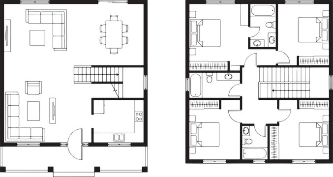 Two story residential house floor plan layout with living room kitchen and bedrooms in black and white