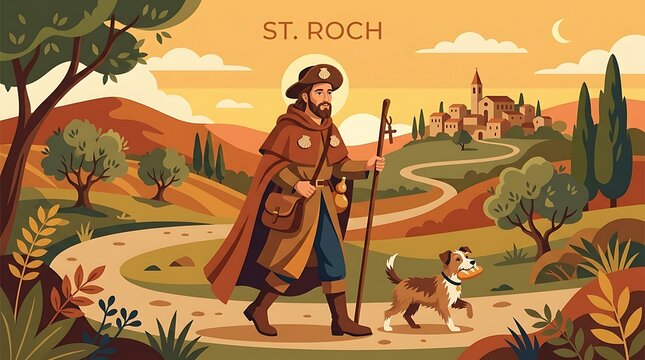 St. Roch with a pilgrim cloak and a small dog, minimal text, elegant flat vector artwork, warm earthy colors