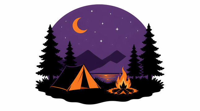 Campsite with tent and fire under starry night sky with crescent moon surrounded by pine trees and mountains
