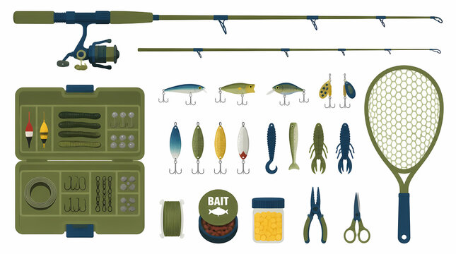 Fishing gear collection including rods reels bait and equipment for outdoor angling activities with detailed components displayed on white background