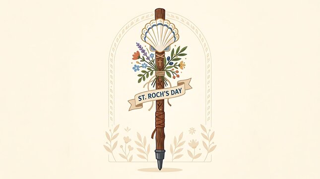 Walking staff with a scallop shell and floral decorations, minimal St. Roch&rsquo;s Day text, flat vector design