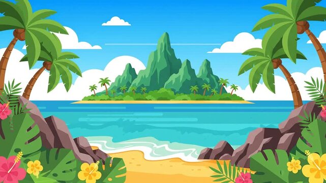 Tropical Island Beach with Palm Trees and Mountain Background Animation