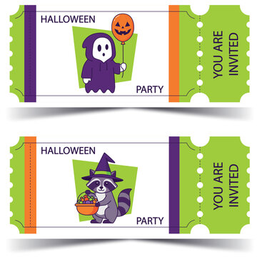 Invitation tickets for Halloween. With a ghost in a hoodie and a balloon shaped like a pumpkin, and a raccoon with a basket of candy.