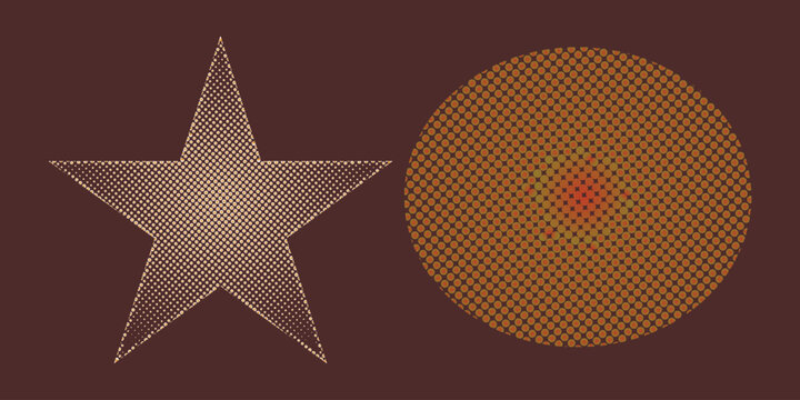 Retro halftone star and circle vector elements, vintage brown pop art geometric shapes with dotted texture, decorative graphic design assets for nostalgic posters and branding