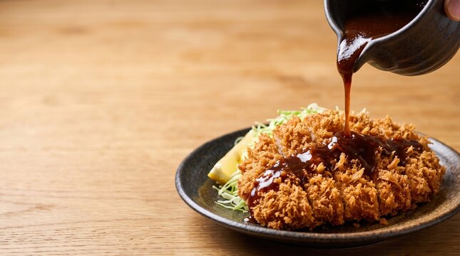 揚げたてのとんかつに濃密なソースをかける瞬間