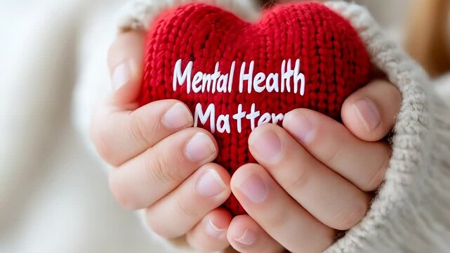 Hands holding heartshaped plush emphasizing mental health awareness