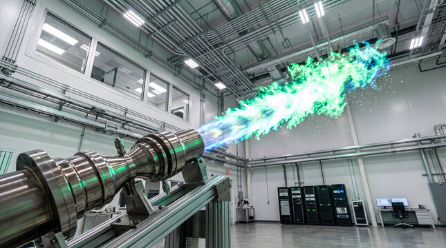 Industrial rocket engine test fire. Aerospace propulsion system burning in a laboratory.