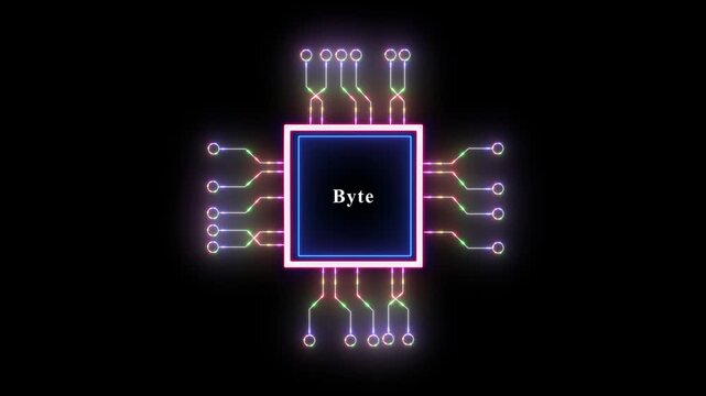 Abstract computer processor with the word byte central processing unit in glowing light.