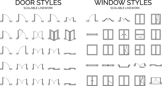 Architectural floor plan symbols for door and window styles in a technical line art vector set