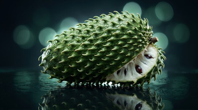 Fresh soursop fruit cut open displaying white pulp on dark background with green bokeh