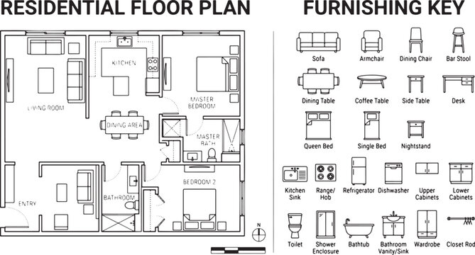 Residential floor plan layout with furniture symbols and furnishing key for architectural design and interior planning projects