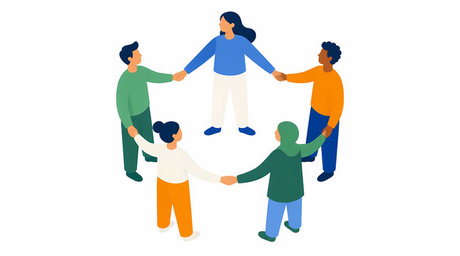 Group of diverse individuals holding hands in circle for unity and teamwork during collaborative meeting or group activity