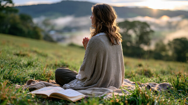 Breathwork coach sitting cross-legged in early morning mist on a hillside meadow, a before-and-after wellness journal open beside her, medication tracker visible on one page, sunrise glow barely bre