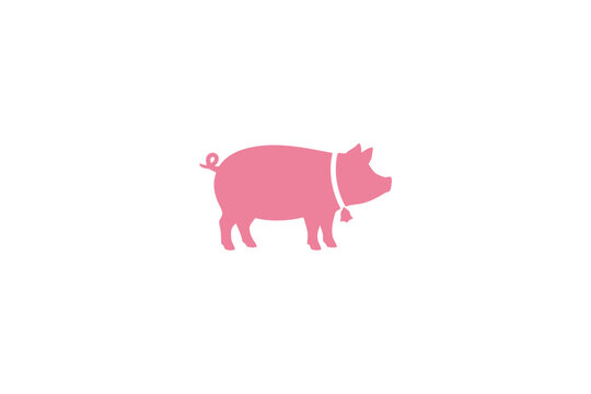Pink Pig Silhouette with Collar and Bell on White