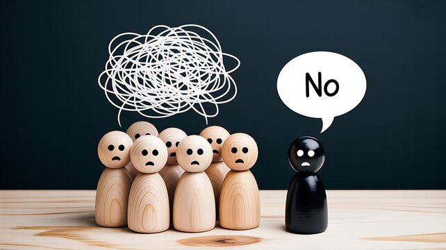 Negative thinking concept with confused group and one saying no representing rejection and decision making