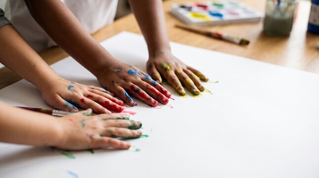 Children hands covered in vibrant tempera paint press down onto a large sheet of white paper during an indoor art activity.